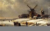 Lodewijk Johannes Kleijn Figures On A Frozen Waterway By A Windmill painting